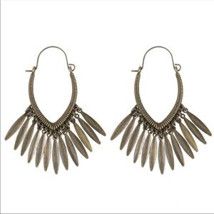 Bohemian bronze feather hoop dangle wire earrings